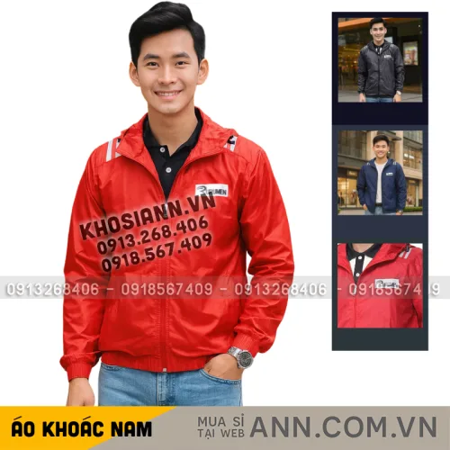 Áo khoác dù Rurumen nam 2 lớp có nón, logo trước ngực