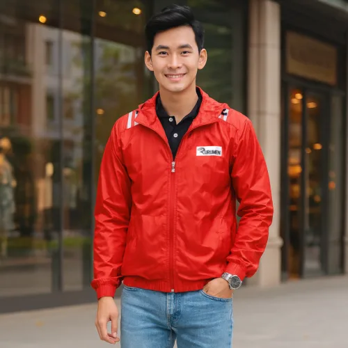 Áo khoác dù Rurumen nam 2 lớp có nón, logo trước ngực