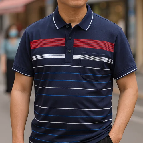 Áo Thun Nam Cổ Bẻ Túi Ngực Sọc Ngang In Dẻo Size 3X