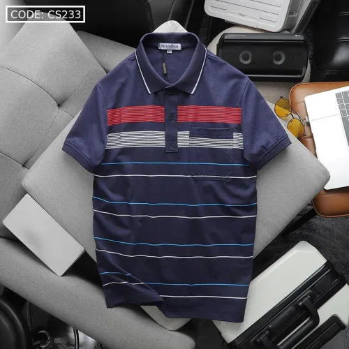 Áo Thun Nam Cổ Bẻ Túi Ngực Sọc Ngang In Dẻo Size 3X