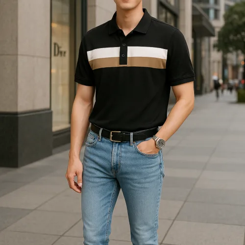 Áo thun cổ bẻ nam trẻ trung với hai sọc ngang trước ngực, có size 3XL