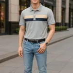 Áo thun cổ bẻ nam trẻ trung với hai sọc ngang trước ngực, có size 3XL