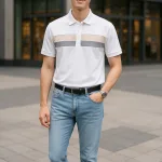 Áo thun cổ bẻ nam trẻ trung với hai sọc ngang trước ngực, có size 3XL