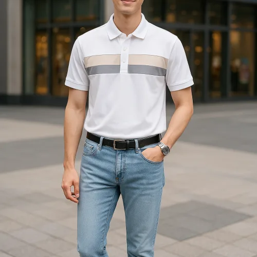 Áo thun cổ bẻ nam trẻ trung với hai sọc ngang trước ngực, có size 3XL