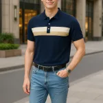 Áo thun cổ bẻ nam trẻ trung với hai sọc ngang trước ngực, có size 3XL
