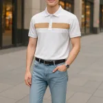 Áo thun cổ bẻ nam trẻ trung với hai sọc ngang trước ngực, có size 3XL