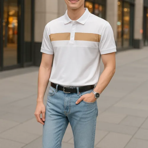 Áo thun cổ bẻ nam trẻ trung với hai sọc ngang trước ngực, có size 3XL