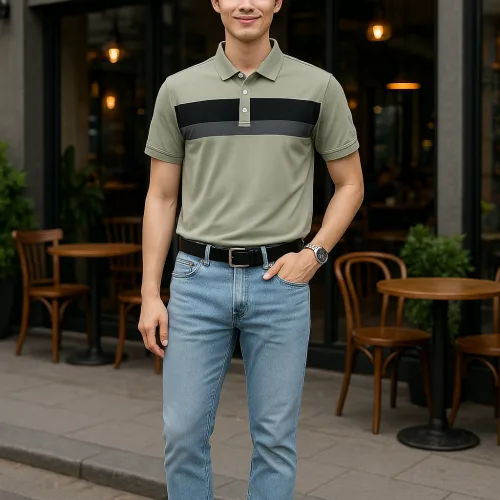 Áo thun cổ bẻ nam trẻ trung với hai sọc ngang trước ngực, có size 3XL