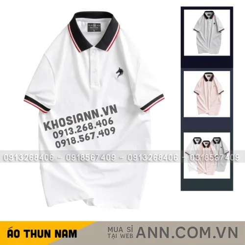Áo thun cổ bẻ nam có viền bo tay áo, thêu logo con ngựa