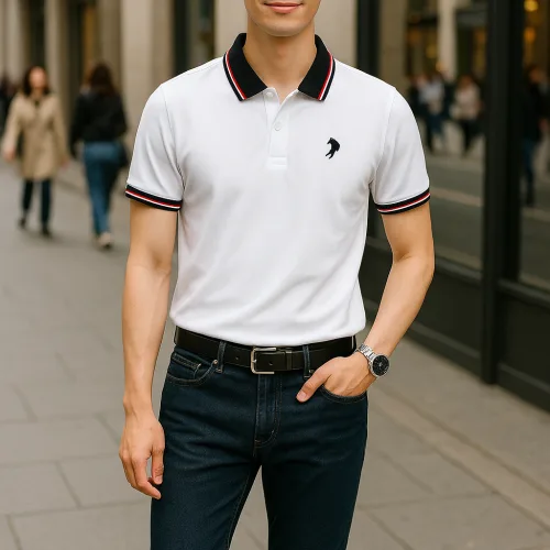 Áo thun cổ bẻ nam có viền bo tay áo, thêu logo con ngựa