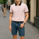 Áo thun cổ bẻ nam có viền bo tay áo, thêu logo con ngựa