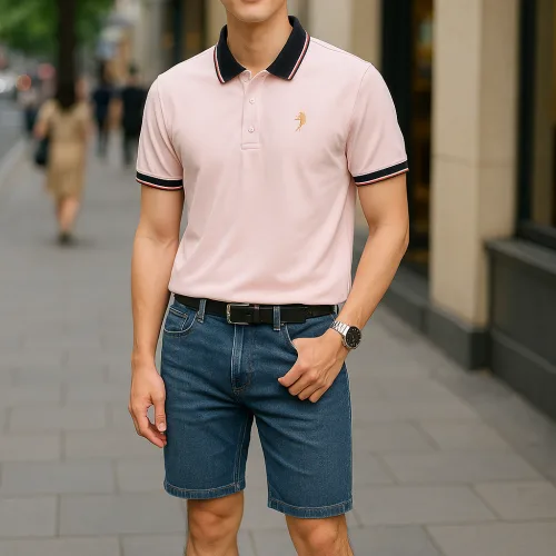 Áo thun cổ bẻ nam có viền bo tay áo, thêu logo con ngựa