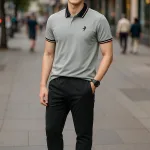 Áo thun cổ bẻ nam có viền bo tay áo, thêu logo con ngựa