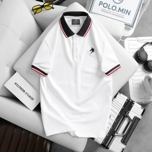 Áo thun cổ bẻ nam có viền bo tay áo, thêu logo con ngựa