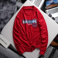 Rurumen Áo Thun Nam Big Size Tay Dài Cổ Tròn Màu Đỏ