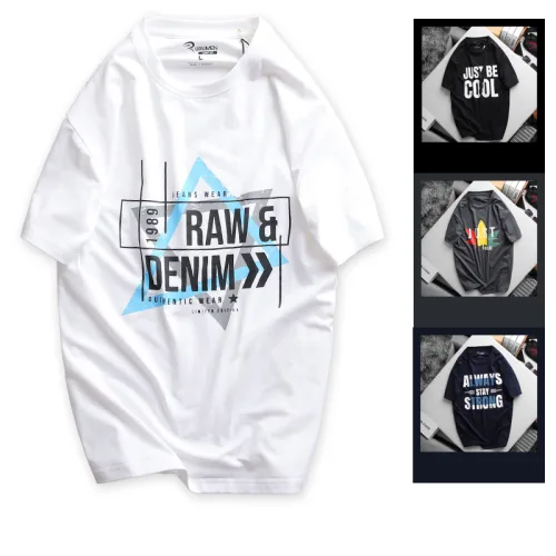 Áo thun nam Rurumen big size màu trắng, cổ tròn in chữ RAW DENIM