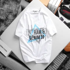 Áo thun nam Rurumen big size màu trắng, cổ tròn in chữ RAW DENIM