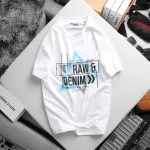 Áo thun nam Rurumen big size màu trắng, cổ tròn in chữ RAW DENIM