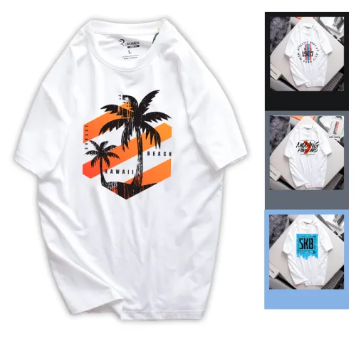 Chỗ sỉ áo Thun Nam Cổ Tròn Màu Trắng Rurumen In Hình Cây Dừa (Có size to 4x)