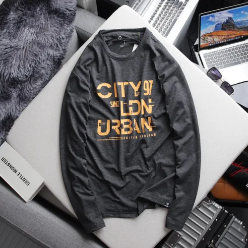 Áo thun Rurumen nam tay dài cổ tròn xám in chữ CITY 97, Big Size