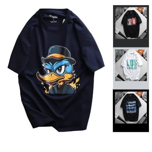 Nguồn hàng sỉ áo Thun Nam Cổ Tròn Rurumen Màu Xanh Đen In Hình Cool Duck Big Size