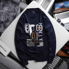 Shop sỉ áo Thun Nam Tay Dài Cổ Tròn Rurumen Màu Xanh Đen In Chữ BROOKLYN Big Size