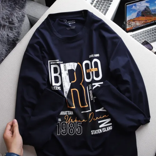 Shop sỉ áo Thun Nam Tay Dài Cổ Tròn Rurumen Màu Xanh Đen In Chữ BROOKLYN Big Size