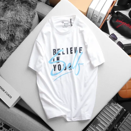 Áo thun nam Rurumen cổ tròn trắng Big Size, in chữ Believe in Yourself
