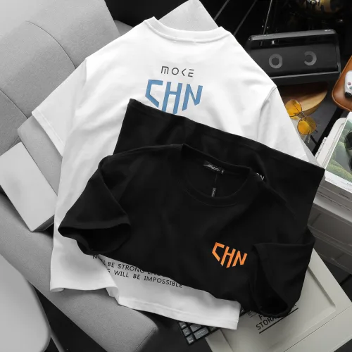 Áo thun nam oversize cổ tròn in chữ CHN hai mặt, 110kg