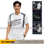 Áo thun nam phối sọc màu, cổ tròn in logo chữ trước ngực, có big size