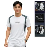 Áo thun nam phối sọc màu, cổ tròn in logo chữ trước ngực, có big size