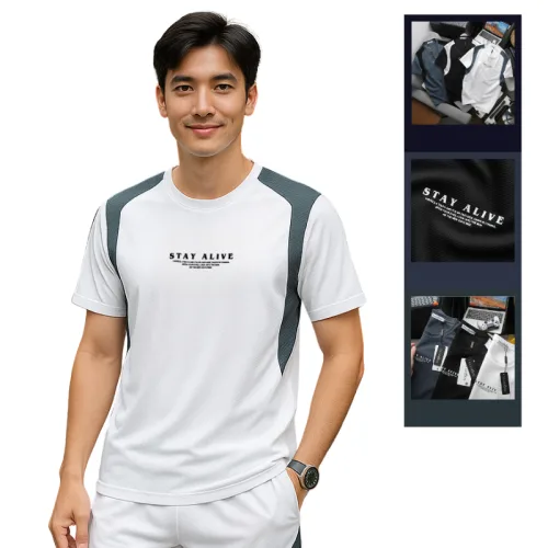 Áo thun nam phối sọc màu, cổ tròn in logo chữ trước ngực, có big size