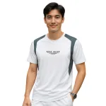 Áo thun nam phối sọc màu, cổ tròn in logo chữ trước ngực, có big size