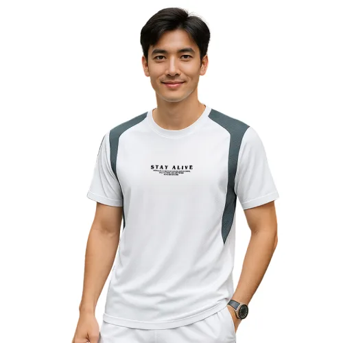 Áo thun nam phối sọc màu, cổ tròn in logo chữ trước ngực, có big size