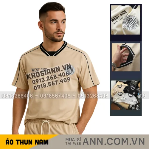 Chuyên sỉ áo Thun Nam Cổ Tròn Phối Sọc Và In Logo Chữ Bền Đẹp Trước Ngực Có Big Size