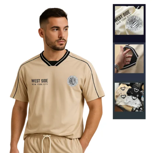 Chuyên sỉ áo Thun Nam Cổ Tròn Phối Sọc Và In Logo Chữ Bền Đẹp Trước Ngực Có Big Size