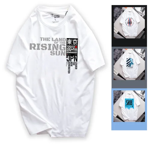 Chuyên sỉ áo Thun Nam Cổ Tròn Rurumen Màu Trắng In Chứ Rising Sun (Có size to 4x)