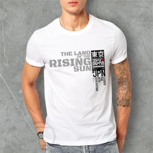 Chuyên sỉ áo Thun Nam Cổ Tròn Rurumen Màu Trắng In Chứ Rising Sun (Có size to 4x)