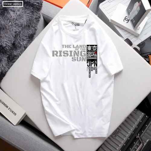 Chuyên sỉ áo Thun Nam Cổ Tròn Rurumen Màu Trắng In Chứ Rising Sun (Có size to 4x)