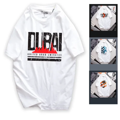 Áo thun nam Rurumen cổ tròn màu trắng in logo chữ DUBAI, size 4X
