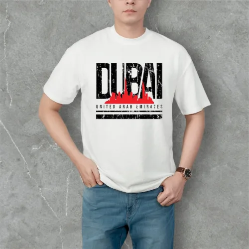 Áo thun nam Rurumen cổ tròn màu trắng in logo chữ DUBAI, size 4X