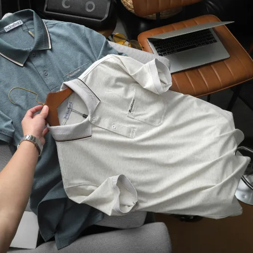 Áo thun polo nam thêu logo chữ Paclehorse, cổ phối sọc, có túi ngực và big size