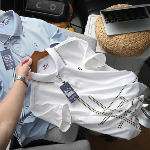 Áo Polo Nam Cổ Bẻ Thêu Chữ R Phối Sọc Vạt Áo Big Size