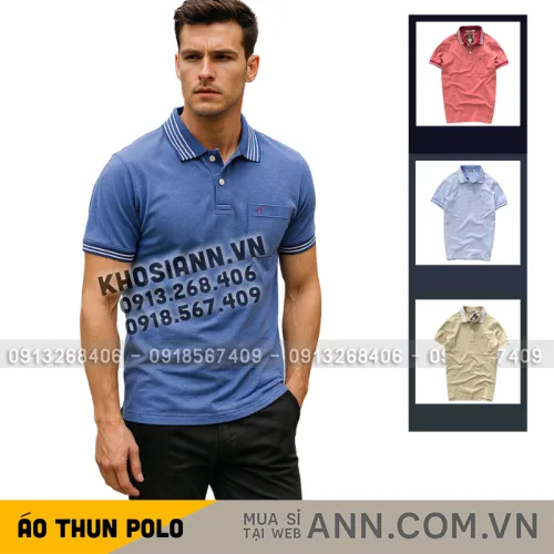 Áo polo thun cotton nam có túi, cổ bẻ phối thêu chữ A