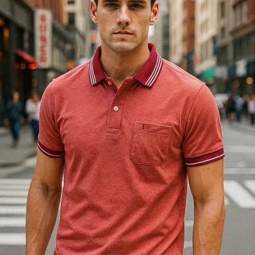 Áo polo thun cotton nam có túi, cổ bẻ phối thêu chữ A