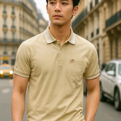 Áo polo thun cotton nam có túi, cổ bẻ phối thêu chữ A