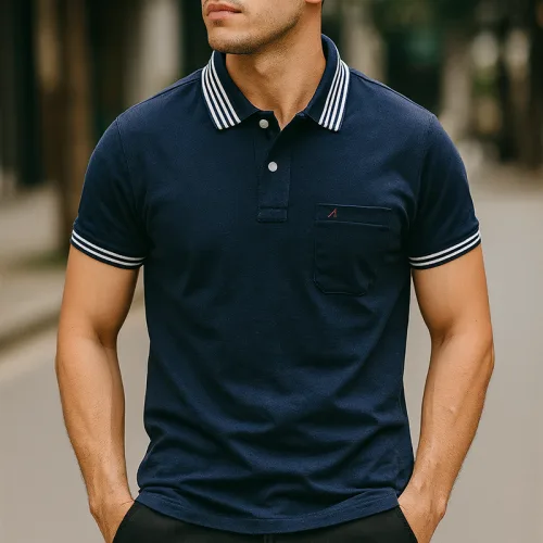 Áo polo thun cotton nam có túi, cổ bẻ phối thêu chữ A