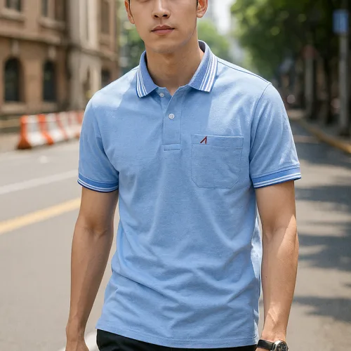 Áo polo thun cotton nam có túi, cổ bẻ phối thêu chữ A