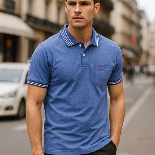 Áo polo thun cotton nam có túi, cổ bẻ phối thêu chữ A