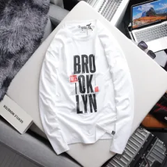 Shop sỉ áo Thun Nam Tay Dài Cổ Tròn Rurumen Màu Trắng In Chữ BROOKLYN Big Size
